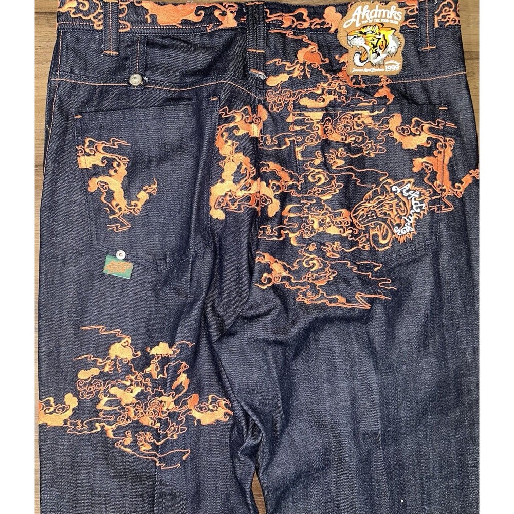 VTG Akademiks Baggy Jeans Orange Dragon Tiger Embroidery Raw Blue Denim Y2K 38